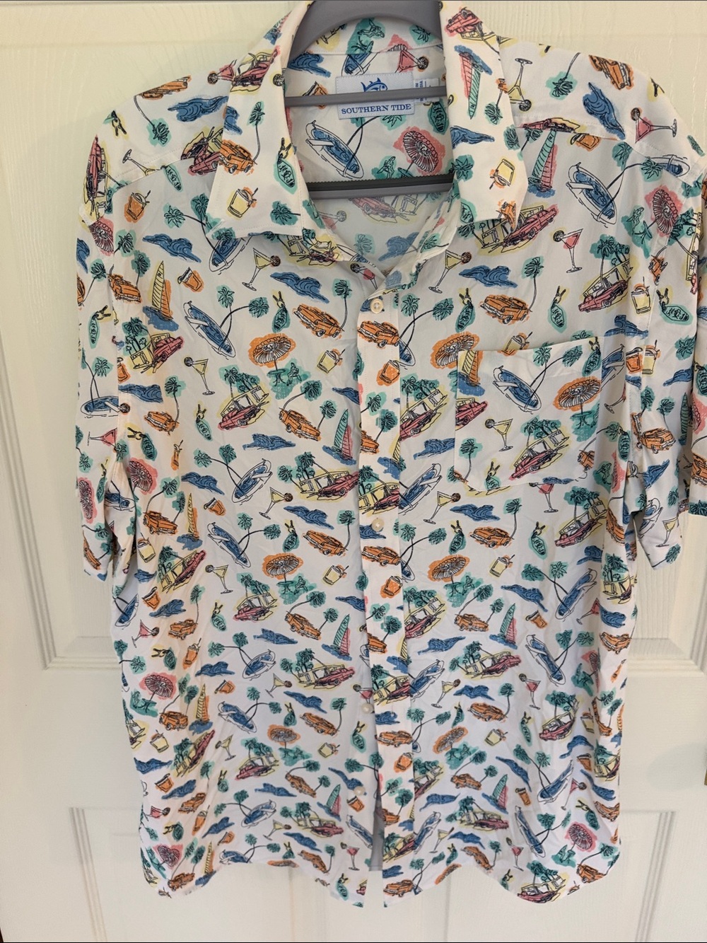 Southern Tide White Tropical Print Button-Down Shirt with Multicolor Accents